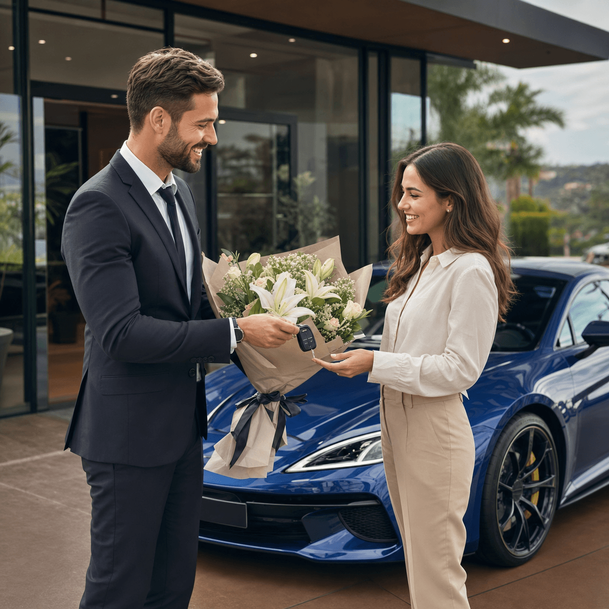 Entrega de coche deportivo azul con detalle de bienvenida