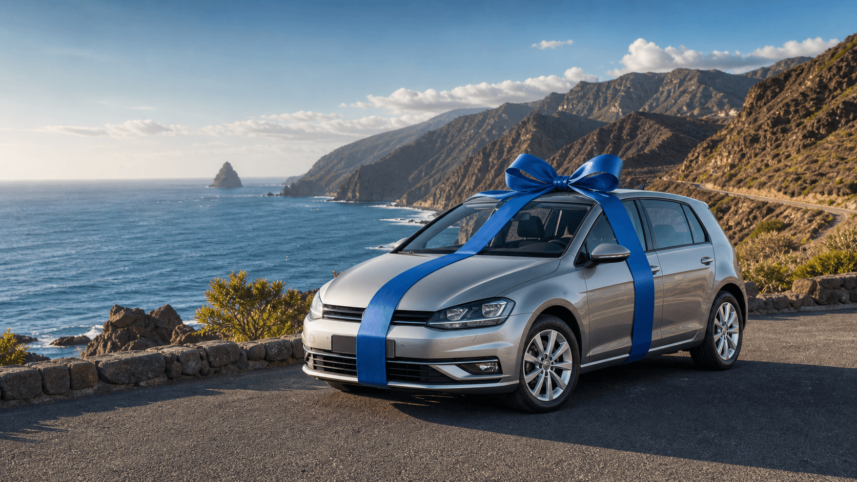 Coche envuelto como regalo en un mirador de Tenerife con vista al Atlántico - imagen generada para IslaCar